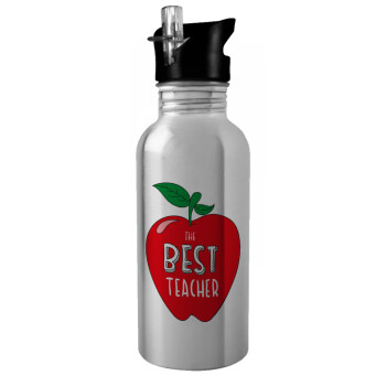 Best teacher, Water bottle Silver with straw, stainless steel 600ml