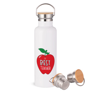 Best teacher, Stainless steel White with wooden lid (bamboo), double wall, 750ml