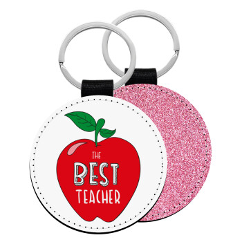 Best teacher, Μπρελόκ Δερματίνη, στρογγυλό ΡΟΖ (5cm)