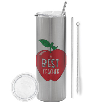 Best teacher, Eco friendly stainless steel Silver tumbler 600ml, with metal straw & cleaning brush