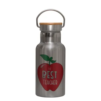 Best teacher, Stainless steel metallic thermos flask, silver with a bamboo lid, double-walled, 350ml.
