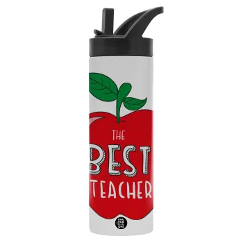 Best teacher, Metallic thermos bottle with straw & handle, stainless steel (Stainless steel 304), double-walled, 600ml.