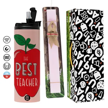 Best teacher, Πασχαλινή Λαμπάδα με  ΡΟΖ Travel Tumbler θερμό (600ml, BPA free) & κερί αρωματικό πλακέ (30cm) (ΡΟΖ)