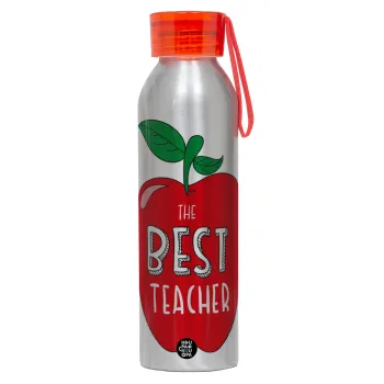 Best teacher, Αλουμινένιο Αθλητικό Μπουκάλι 650ml – Ασημί με Κόκκινο Καπάκι και Λουράκι Σιλικόνης