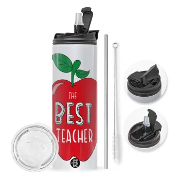 Best teacher, Travel Tumbler θερμό με διπλό καπάκι, μεταλλικό καλαμάκι και βούρτσα καθαρισμού (Ανωξείδωτο 304 Food grade, BPA free, 600ml)