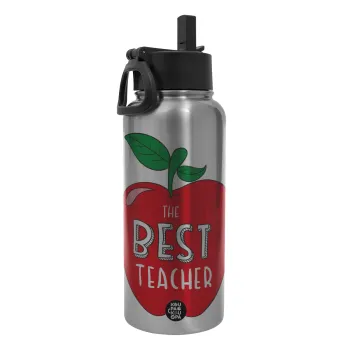 Best teacher, Μεταλλικό παγούρι θερμός Silver με καλαμάκι και χερούλι (Stainless steel), διπλού τοιχώματος, 950ml