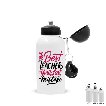 Typography quotes your best teacher is your last mistake, Metal water bottle, White, aluminum 500ml