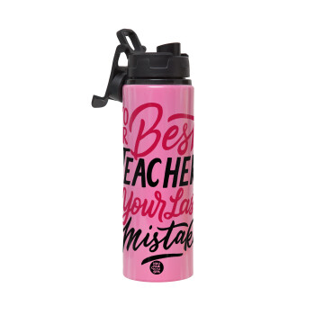 Typography quotes your best teacher is your last mistake, Metallic water bottle with safety lid, 850ml aluminum