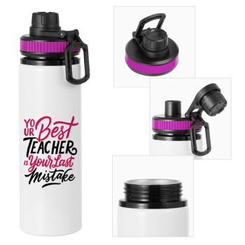 Typography quotes your best teacher is your last mistake, Metallic water bottle with safety lid, 850ml aluminum