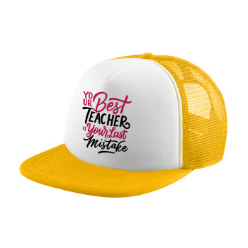 Typography quotes your best teacher is your last mistake, Καπέλο Soft Trucker με Δίχτυ Κίτρινο/White 