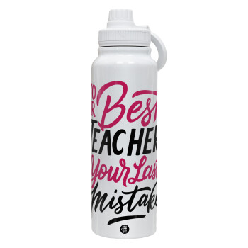Typography quotes your best teacher is your last mistake, 1L Stainless Steel Thermal Bottle with Phone Holder & Double Wall Insulation