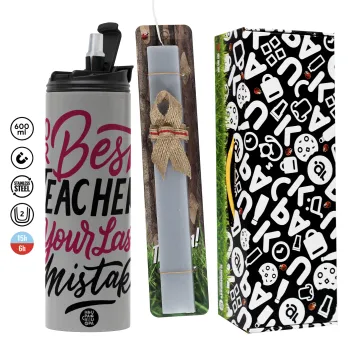 Typography quotes your best teacher is your last mistake, Πασχαλινή Λαμπάδα με Travel Tumbler θερμό (600ml, BPA free) & κερί αρωματικό πλακέ (30cm) (ΓΚΡΙ)