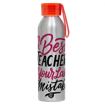 Typography quotes your best teacher is your last mistake, Αλουμινένιο Αθλητικό Μπουκάλι 650ml – Ασημί με Κόκκινο Καπάκι και Λουράκι Σιλικόνης