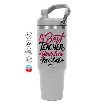 Typography quotes your best teacher is your last mistake, ΓΚΡΙ χρώματος Θερμός Ανοξείδωτο 890ml (30oz) με χερούλι