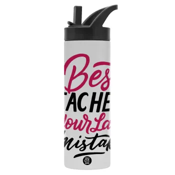 Typography quotes your best teacher is your last mistake, Metallic thermos bottle with straw & handle, stainless steel (Stainless steel 304), double-walled, 600ml.
