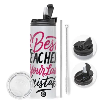 Typography quotes your best teacher is your last mistake, Travel Tumbler 2 Lids, with metal straw & cleaning brush (Stainless steel 304 Food grade, BPA free, 600ml)