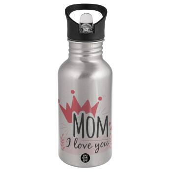 Mother's day I Love you Mom, Water bottle Silver with straw, stainless steel 500ml