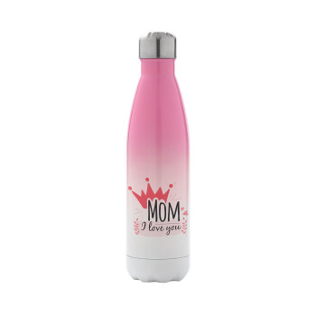 Mother's day I Love you Mom, Metal mug thermos Pink/White (Stainless steel), double wall, 500ml