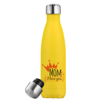 Mother's day I Love you Mom, Μεταλλικό παγούρι θερμός Κίτρινος (Stainless steel), διπλού τοιχώματος, 500ml