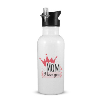 Mother's day I Love you Mom, White water bottle with straw, stainless steel 600ml