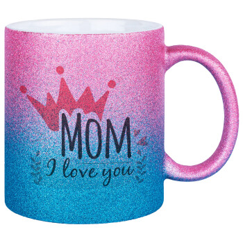 Mother's day I Love you Mom, Κούπα Χρυσή/Μπλε Glitter, κεραμική, 330ml