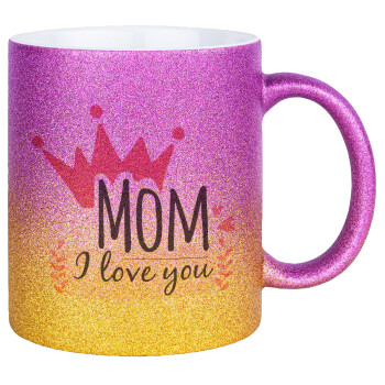 Mother's day I Love you Mom, Κούπα Χρυσή/Ροζ Glitter, κεραμική, 330ml