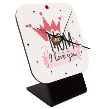 Mother's day I Love you Mom, Quartz Wooden table clock with hands (10cm)