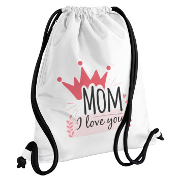 Mother's day I Love you Mom, Τσάντα πλάτης πουγκί GYMBAG λευκή, με τσέπη (40x48cm) & χονδρά κορδόνια
