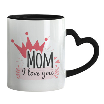 Mother's day I Love you Mom, Κούπα καρδιά χερούλι μαύρη, κεραμική, 330ml