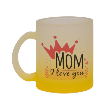 Mother's day I Love you Mom, Κούπα γυάλινη δίχρωμη με βάση το κίτρινο ματ, 330ml