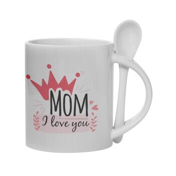 Mother's day I Love you Mom, Ceramic coffee mug with Spoon, 330ml (1pcs)