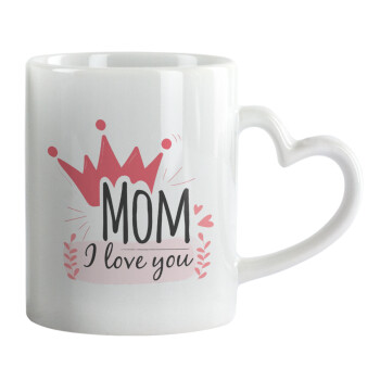 Mother's day I Love you Mom, Κούπα καρδιά χερούλι λευκή, κεραμική, 330ml