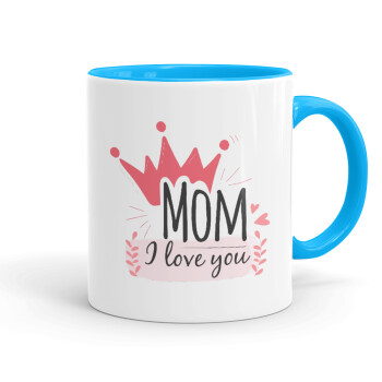 Mother's day I Love you Mom, Κούπα χρωματιστή γαλάζια, κεραμική, 330ml
