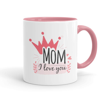 Mother's day I Love you Mom, Κούπα χρωματιστή ροζ, κεραμική, 330ml