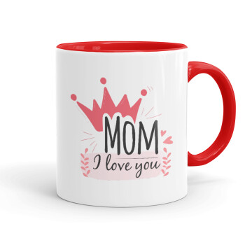 Mother's day I Love you Mom, Κούπα χρωματιστή κόκκινη, κεραμική, 330ml