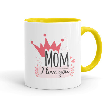 Mother's day I Love you Mom, Κούπα χρωματιστή κίτρινη, κεραμική, 330ml