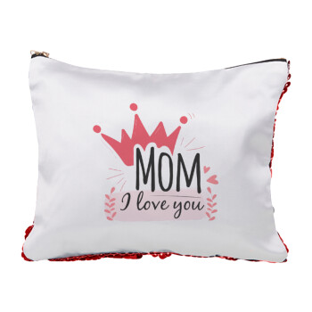 Mother's day I Love you Mom, Τσαντάκι νεσεσέρ με πούλιες (Sequin) Κόκκινο