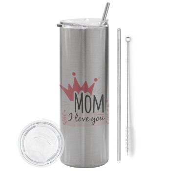 Mother's day I Love you Mom, Eco friendly stainless steel Silver tumbler 600ml, with metal straw & cleaning brush