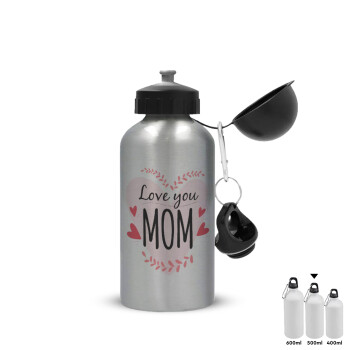 Mother's day I Love you Mom heart, Metallic water jug, Silver, aluminum 500ml
