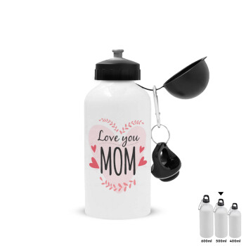 Mother's day I Love you Mom heart, Metal water bottle, White, aluminum 500ml