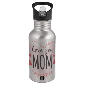 Mother's day I Love you Mom heart, Water bottle Silver with straw, stainless steel 500ml