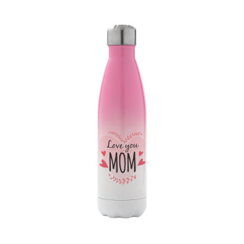 Mother's day I Love you Mom heart, Metal mug thermos Pink/White (Stainless steel), double wall, 500ml