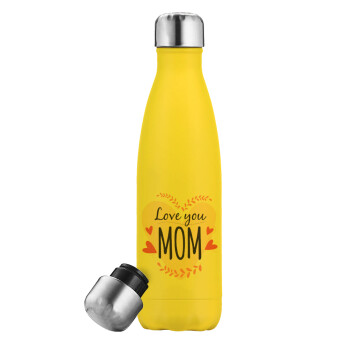 Mother's day I Love you Mom heart, Μεταλλικό παγούρι θερμός Κίτρινος (Stainless steel), διπλού τοιχώματος, 500ml