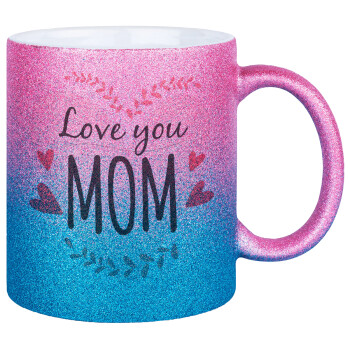 Mother's day I Love you Mom heart, Κούπα Χρυσή/Μπλε Glitter, κεραμική, 330ml