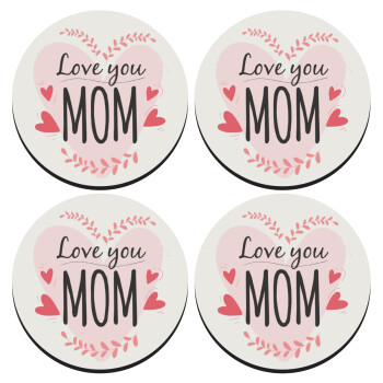 Mother's day I Love you Mom heart, SET of 4 round wooden coasters (9cm)
