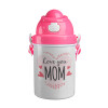 Mother's day I Love you Mom heart, Ροζ παιδικό παγούρι πλαστικό (BPA-FREE) με καπάκι ασφαλείας, κορδόνι και καλαμάκι, 400ml