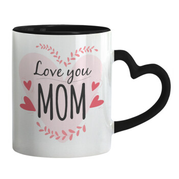 Mother's day I Love you Mom heart, Κούπα καρδιά χερούλι μαύρη, κεραμική, 330ml