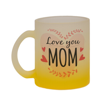 Mother's day I Love you Mom heart, Κούπα γυάλινη δίχρωμη με βάση το κίτρινο ματ, 330ml