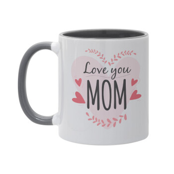 Mother's day I Love you Mom heart, Κούπα χρωματιστή γκρι, κεραμική, 330ml