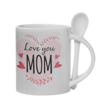 Mother's day I Love you Mom heart, Κούπα, κεραμική με κουταλάκι, 330ml (1 τεμάχιο)